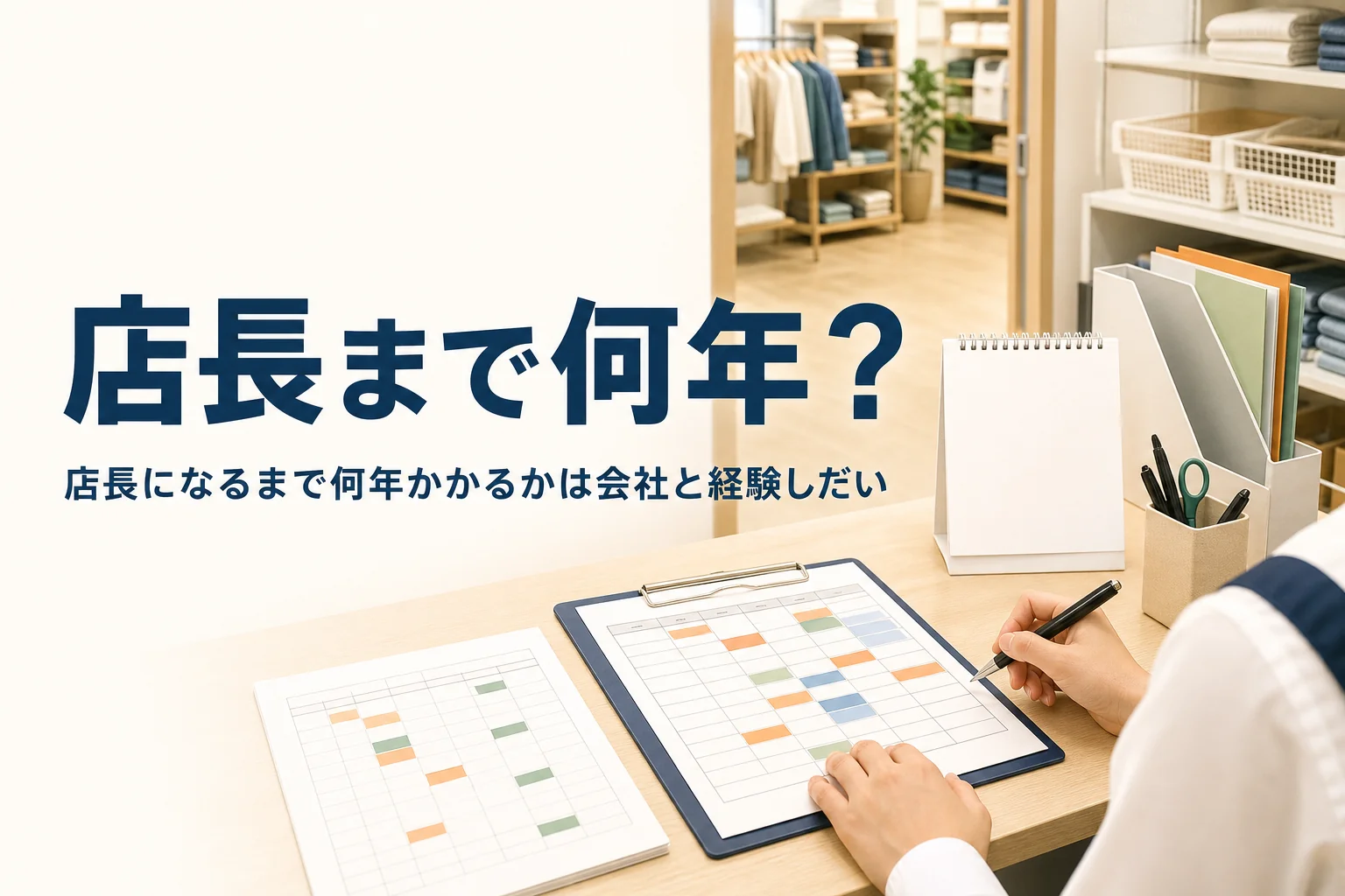 店長になるまで何年かかるかを紹介する記事のアイキャッチ。バックヤードの事務机とシフト表