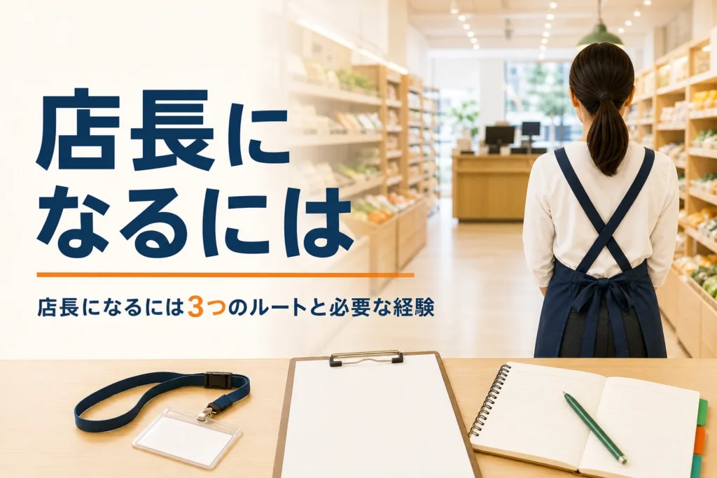 店長になるための道のりを紹介する記事のアイキャッチ。開店前の売場とカウンターの名札とクリップボード