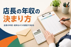 店長の年収と給料の決まり方を紹介する記事のアイキャッチ。バックヤードの事務机に置かれた電卓と封筒