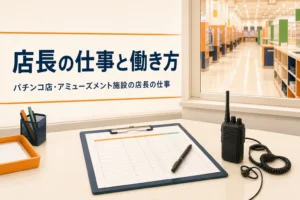 パチンコ店・アミューズメント施設の店長の仕事を解説する記事のアイキャッチ。開店前のバックヤードの事務机と点検表