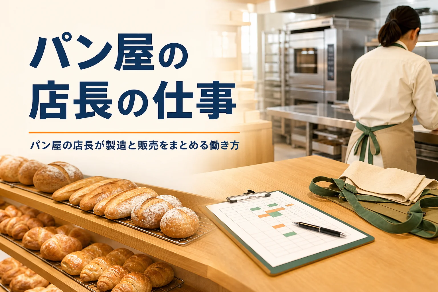 パン屋の店長の仕事を紹介する記事のアイキャッチ。開店前のパン屋の売場と奥の厨房