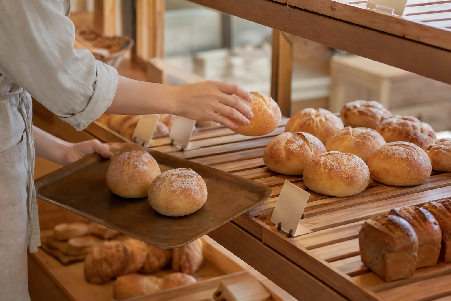 焼き上がったパンを売場の棚に並べる手元。陳列のあとに表示を確かめる場面のイメージ