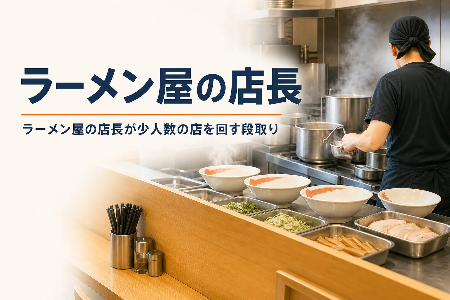 ラーメン屋の店長の仕事を紹介する記事のアイキャッチ。開店前の厨房と寸胴鍋