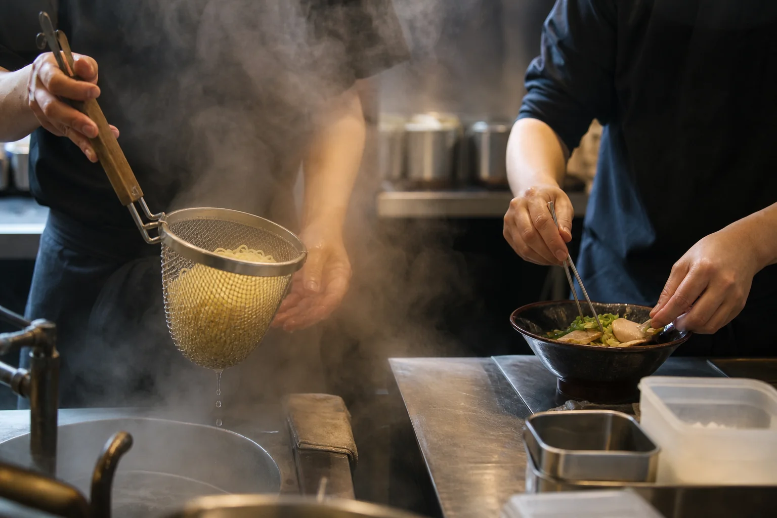 ラーメン屋の厨房で麺上げと盛り付けをする手元をイメージした写真