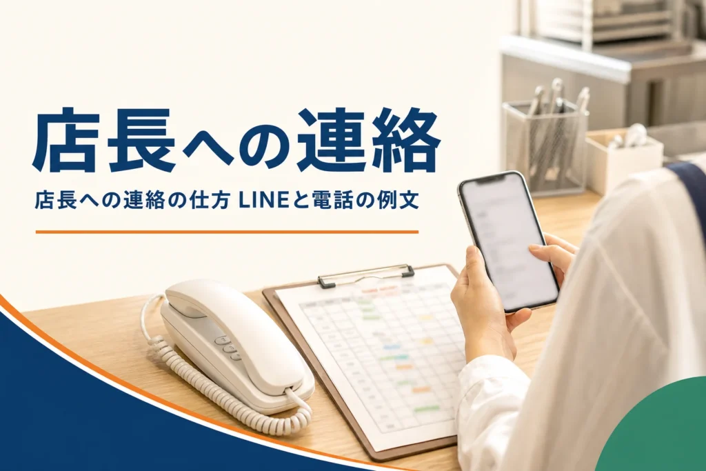 店長への連絡の仕方を紹介する記事のアイキャッチ。バックヤードの机のスマートフォンと電話