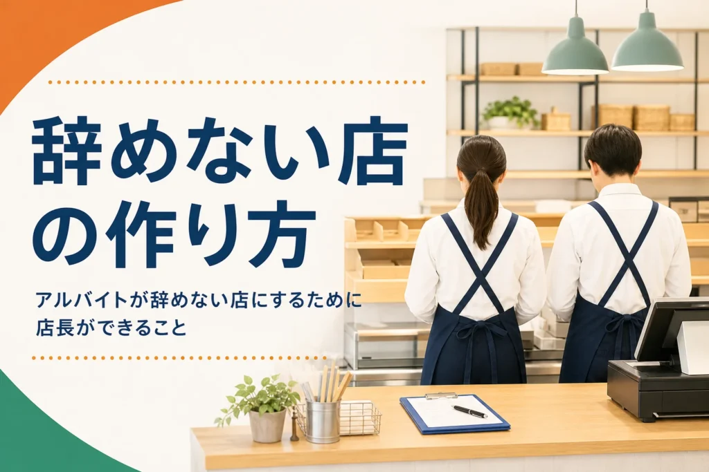 アルバイトが辞めない店の作り方を紹介する記事のアイキャッチ。開店前の売場で並んで準備をするスタッフ