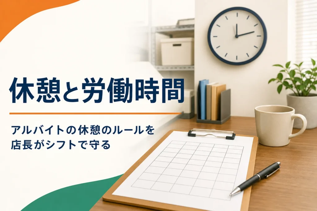 アルバイトの労働時間と休憩のルールを紹介する記事のアイキャッチ。事務机のシフト表と時計