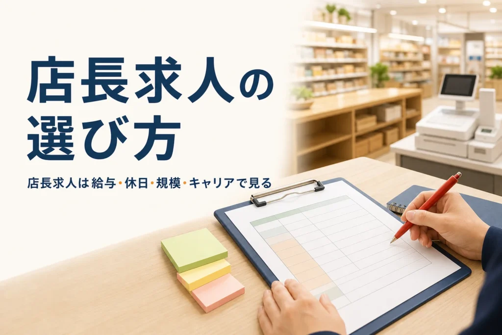 店長・店長候補の正社員求人の選び方を紹介する記事のアイキャッチ。事務机の上の求人票とペン