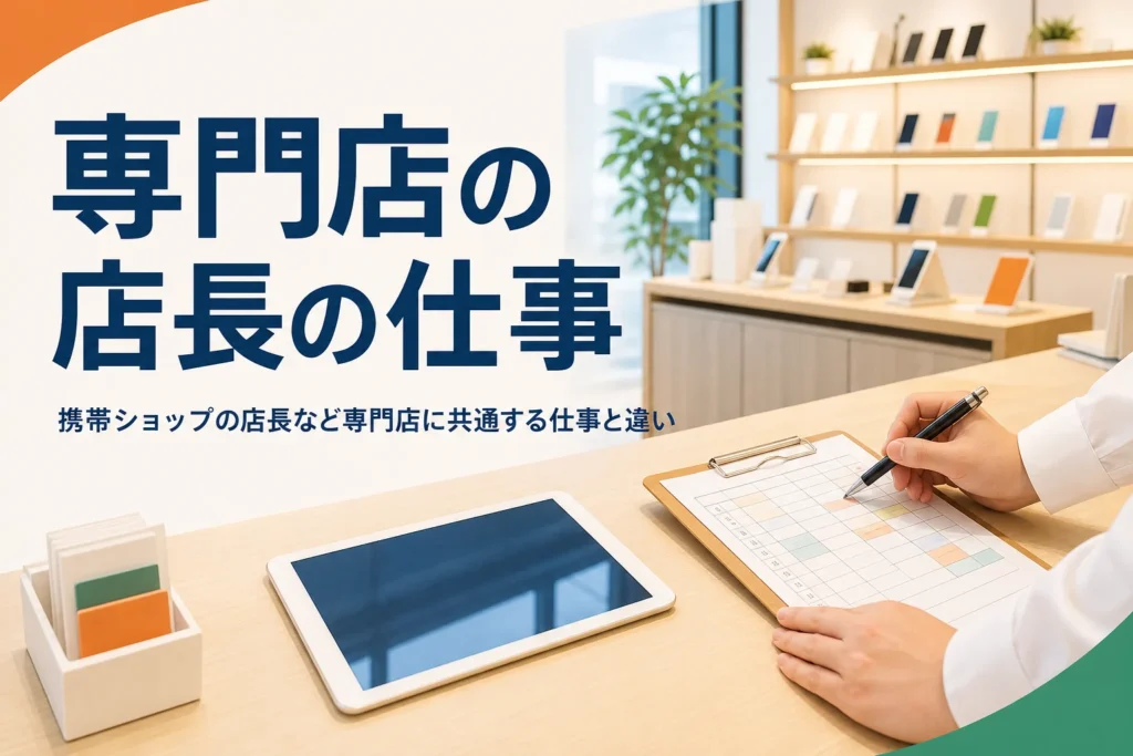 携帯ショップなど専門店の店長の仕事を紹介する記事のアイキャッチ。開店前の受付カウンターと予約表