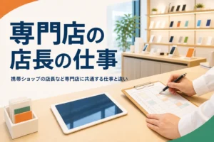 携帯ショップなど専門店の店長の仕事を紹介する記事のアイキャッチ。開店前の受付カウンターと予約表