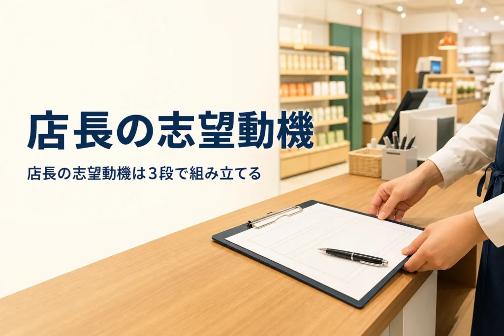店長・店長候補の志望動機の書き方を紹介する記事のアイキャッチ。開店前の売場のカウンターに置かれた履歴書の用紙とペン