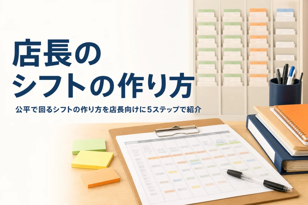店長のシフトの作り方を紹介する記事のアイキャッチ。バックヤードの机に置かれたシフト表とクリップボード