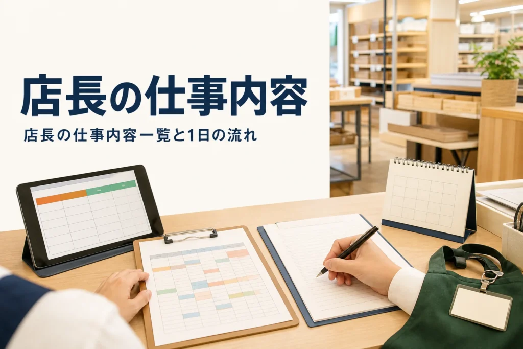 店長の仕事内容と1日の流れを紹介する記事のアイキャッチ。バックヤードの事務机に並んだシフト表と日報