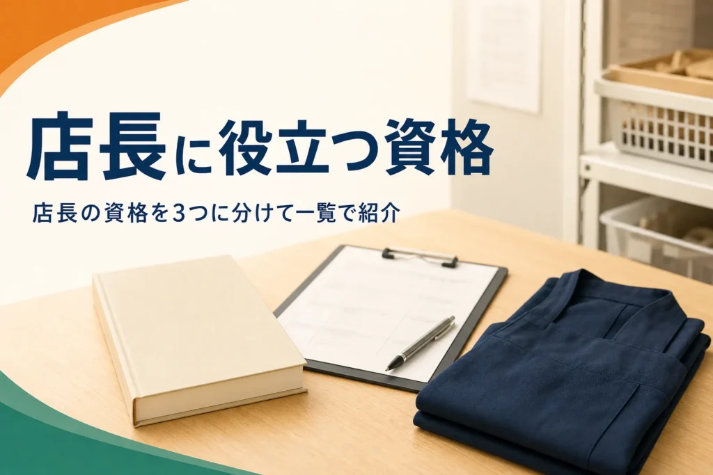 店長に役立つ資格を3つに分けて紹介する記事のアイキャッチ。バックヤードの事務机に置かれた講習テキストと書類