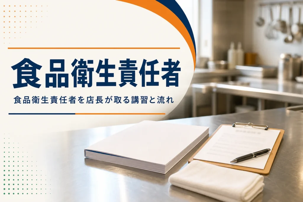 食品衛生責任者と店長の関係、講習の取り方を紹介する記事のアイキャッチ。開店前の厨房に置かれた講習テキストとクリップボード
