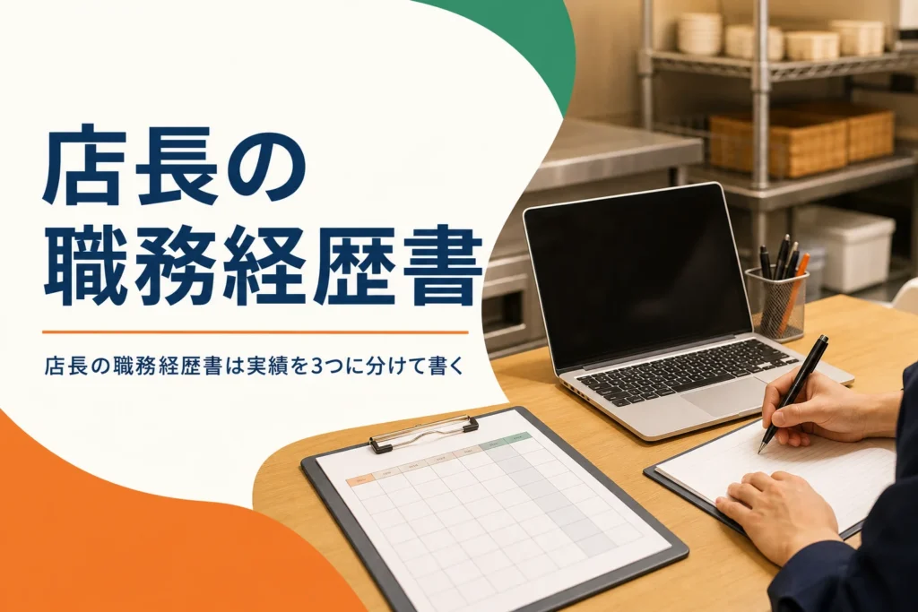 店長経験の職務経歴書の書き方を紹介する記事のアイキャッチ。バックヤードの事務机と書きかけの書類