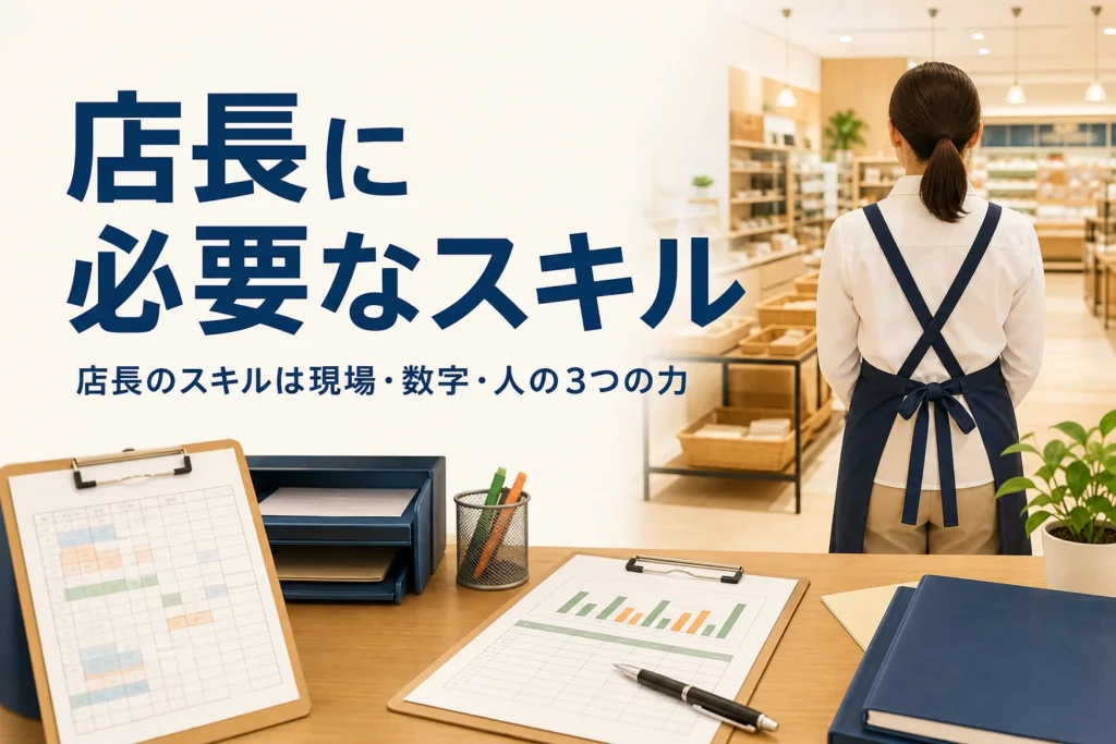店長に必要なスキルを紹介する記事のアイキャッチ。バックヤードの事務机とシフト表