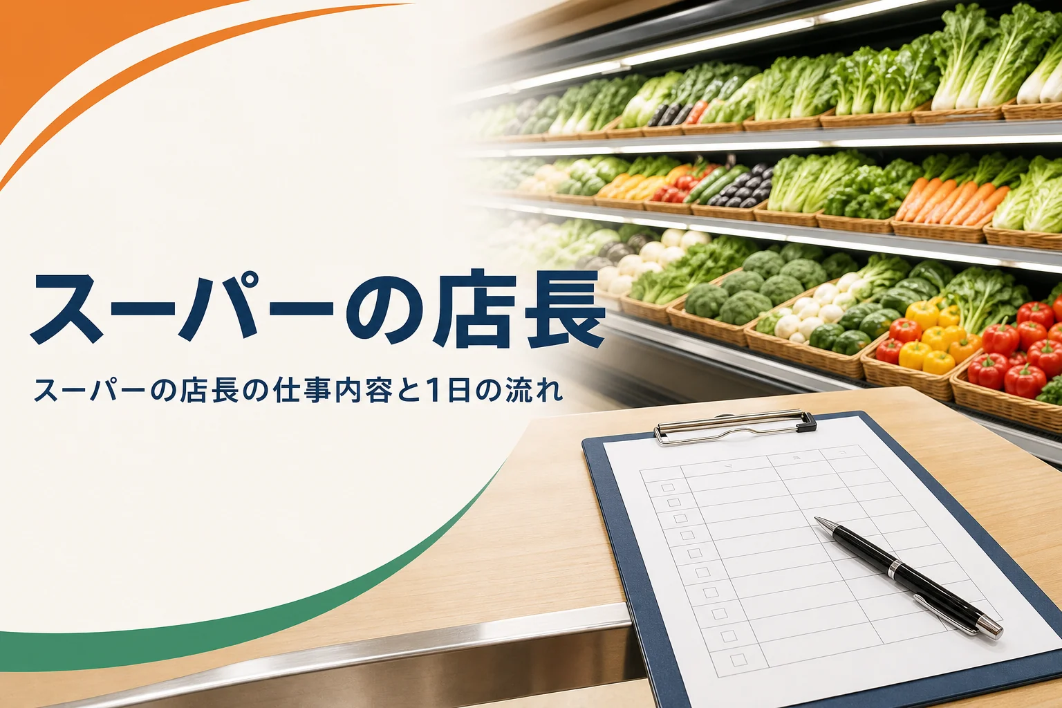 スーパーの店長の仕事内容と1日の流れを解説する記事のアイキャッチ。開店前の青果売場に置かれたチェック表