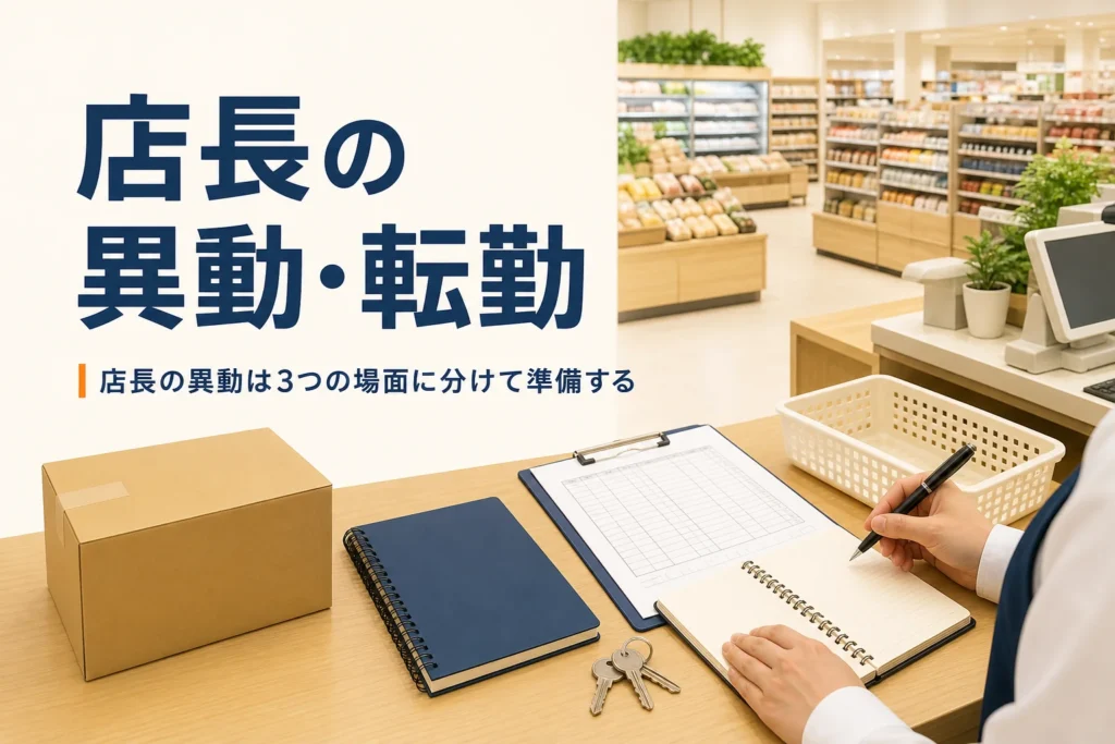 店長の異動・転勤の時期と新しい店で最初にやることを紹介する記事のアイキャッチ。引き継ぎのノートと鍵が置かれた事務机