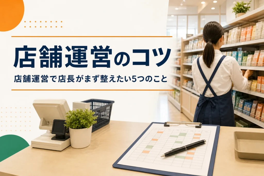 店舗運営で店長がまず整えたい5つのことを紹介する記事のアイキャッチ。開店前の整った売場とクリップボード