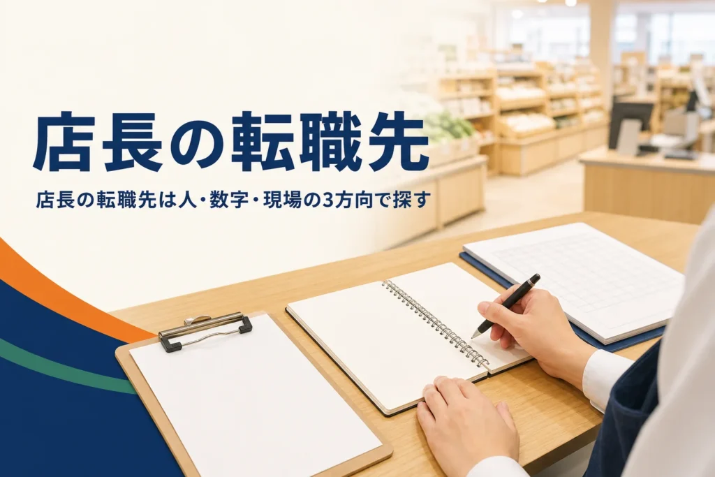店長経験者の転職先を紹介する記事のアイキャッチ。バックヤードの事務机に置かれたノートとペン
