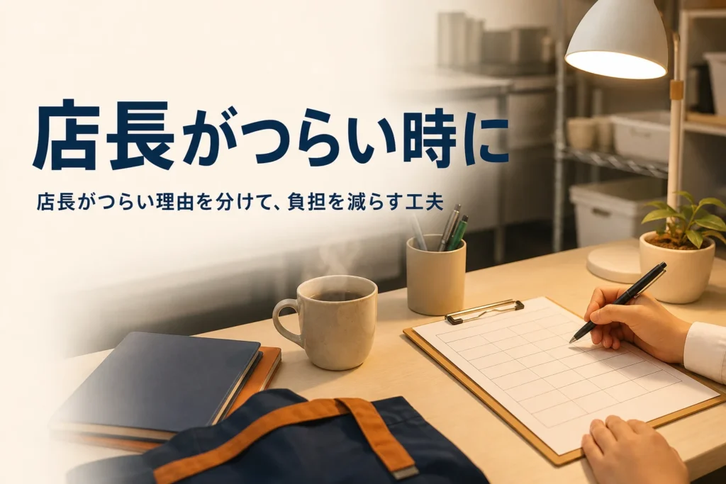 店長がつらい時の向き合い方を紹介する記事のアイキャッチ。閉店後のバックヤードの事務机とシフト表