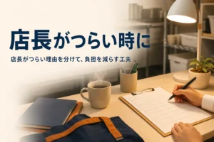 店長がつらい時の向き合い方を紹介する記事のアイキャッチ。閉店後のバックヤードの事務机とシフト表