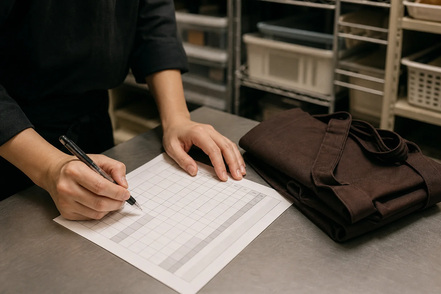 閉店後のバックヤードで店長がシフト表を見直し、任せられる仕事を考える場面をイメージした写真