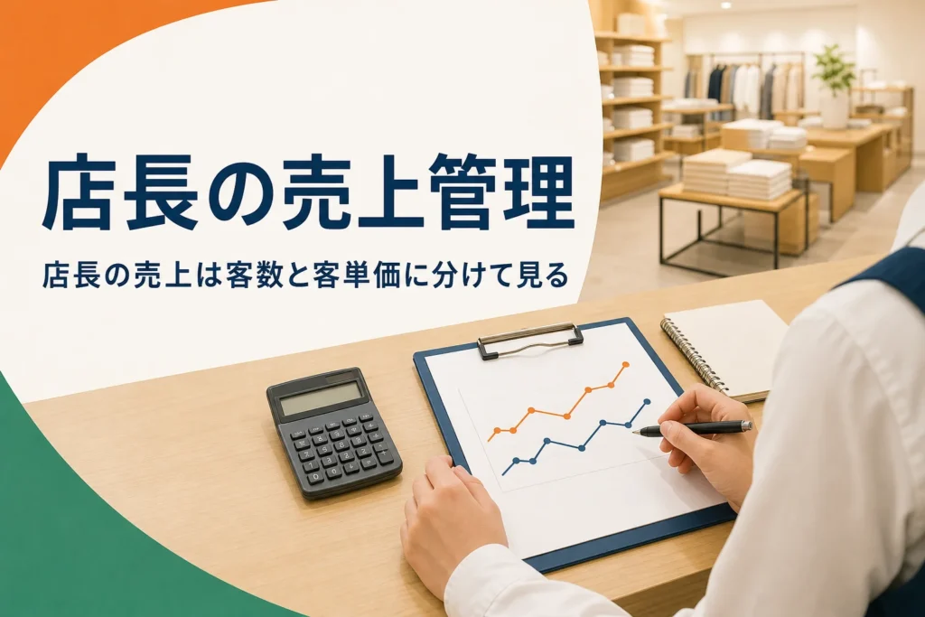 店長の売上管理を紹介する記事のアイキャッチ。事務机に置かれた売上のグラフと電卓