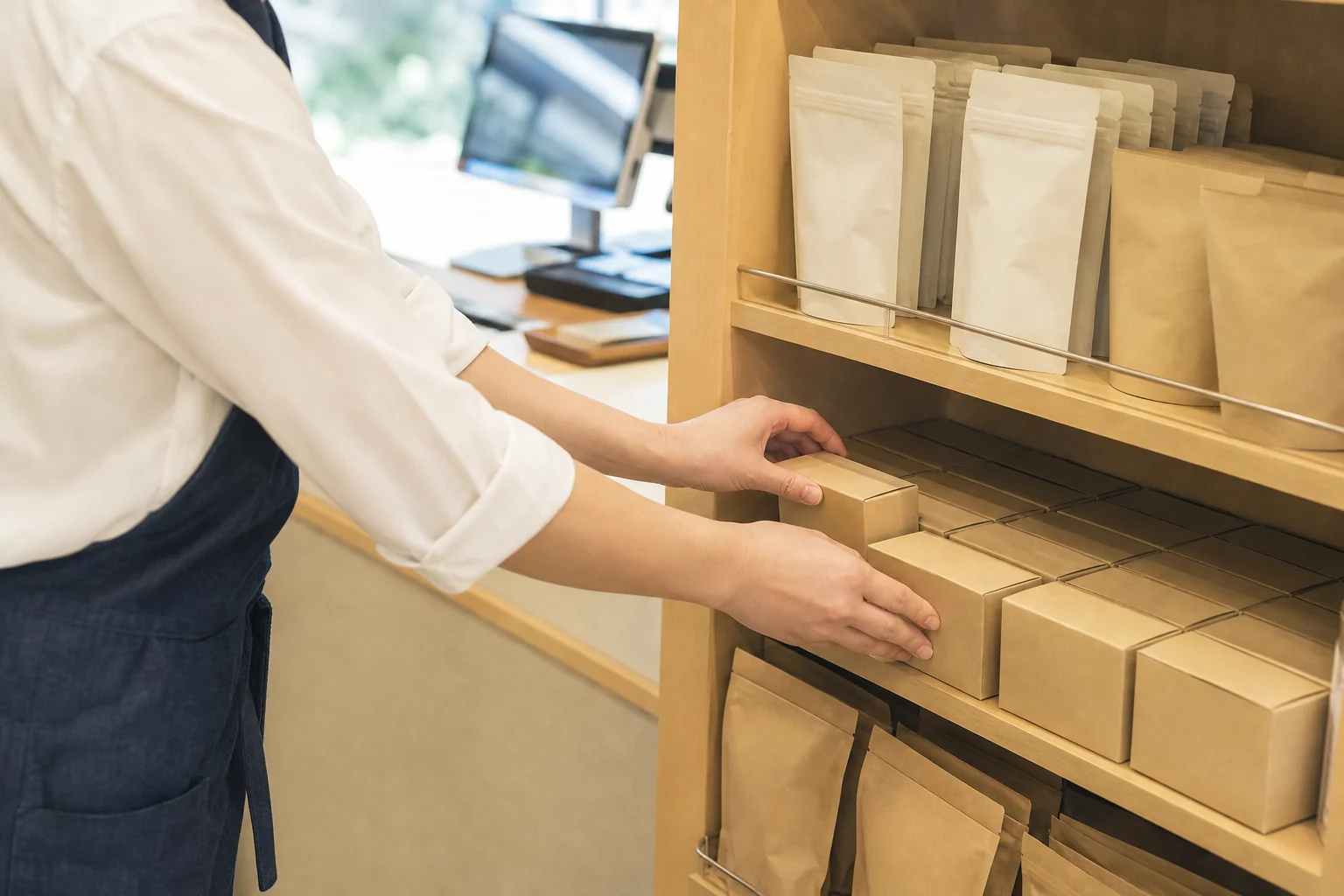客単価を上げる打ち手として、レジ横の売場の並べ方を見直している様子