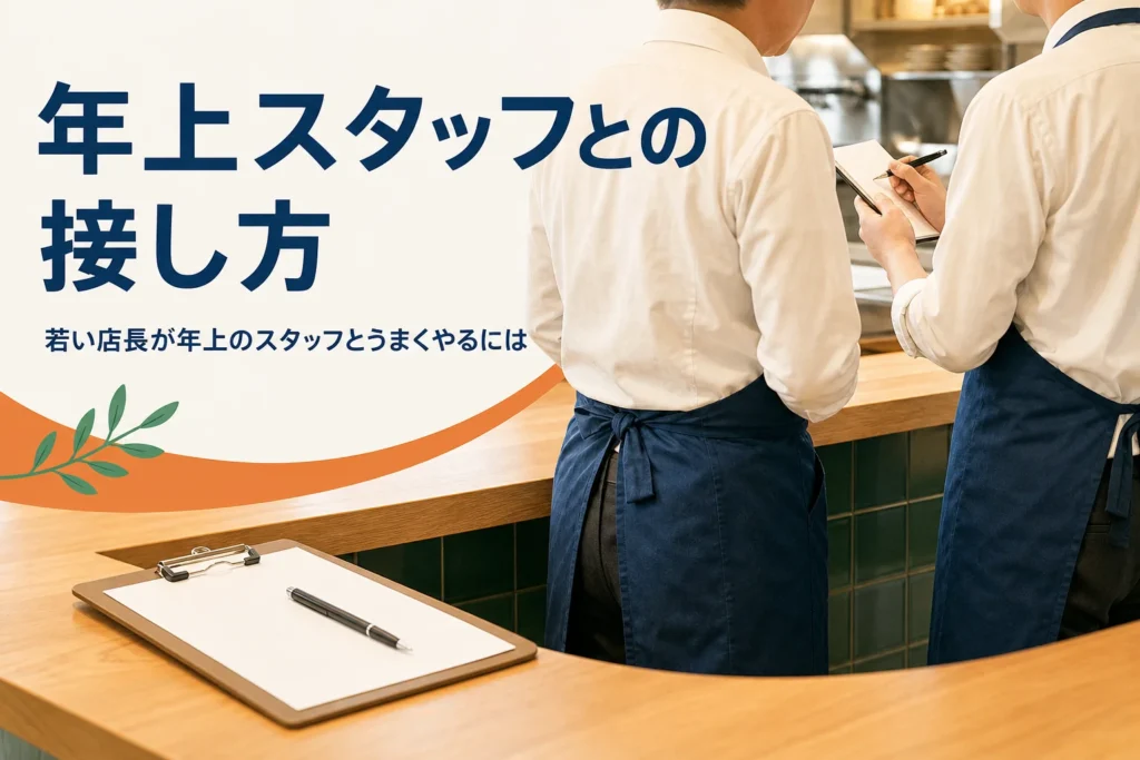 若い店長が年上のスタッフとうまくやるコツを紹介する記事のアイキャッチ。開店前のカウンターで話す2人の手元