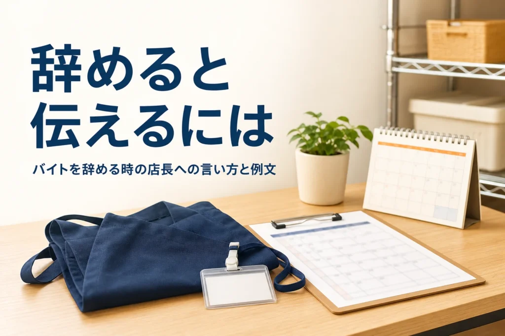 バイトを辞める時の店長への言い方を紹介する記事のアイキャッチ。バックヤードの机にたたんだエプロンとシフト表