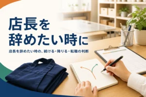 店長を辞めたいと思った時の判断を紹介する記事のアイキャッチ。事務机の上のノートとたたんだエプロン