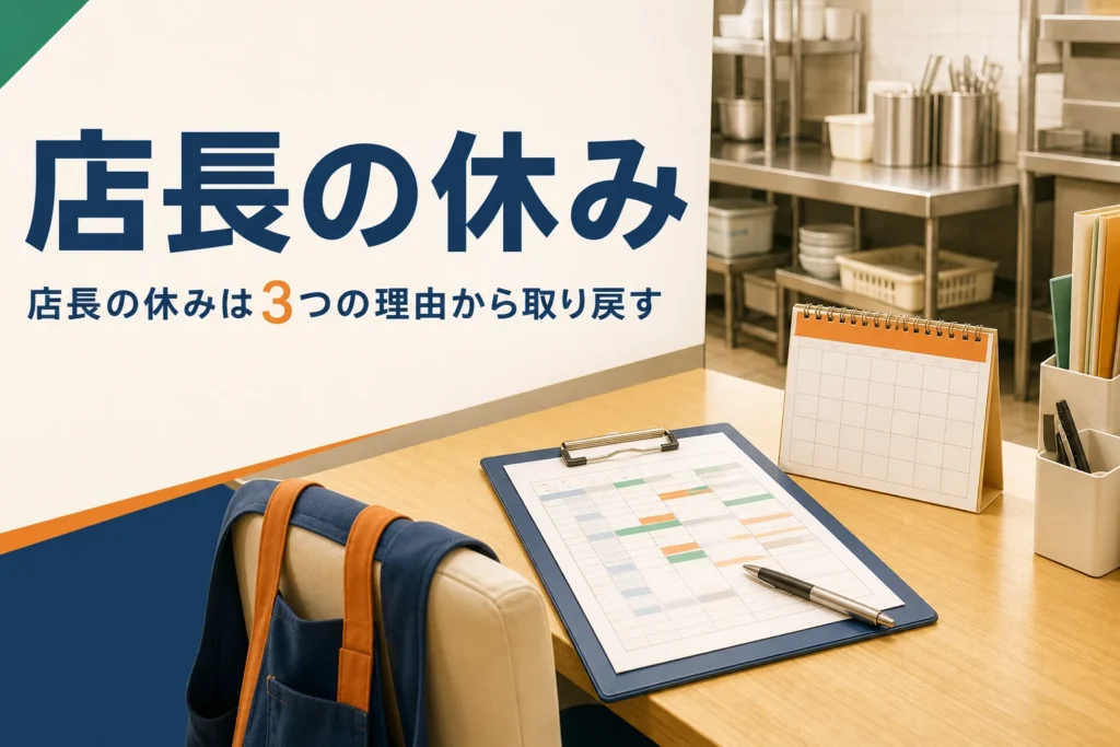 店長の休みの決まりと休みを取るための工夫を紹介する記事のアイキャッチ。バックヤードの事務机とシフト表