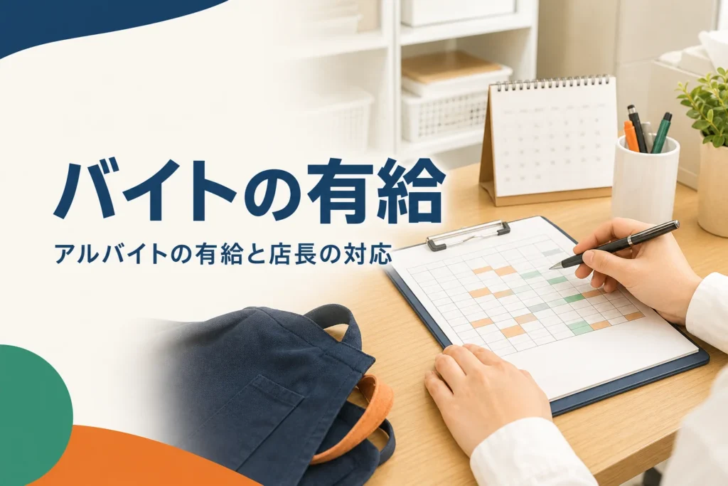 アルバイトの有給休暇と店長の対応を紹介する記事のアイキャッチ。バックヤードの事務机に置かれたシフト表とカレンダー