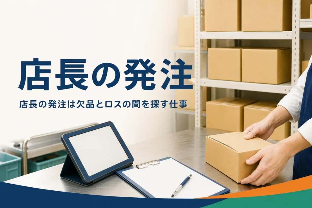 店長の発注と在庫管理を紹介する記事のアイキャッチ。バックヤードの棚に並んだ在庫と発注用のクリップボード